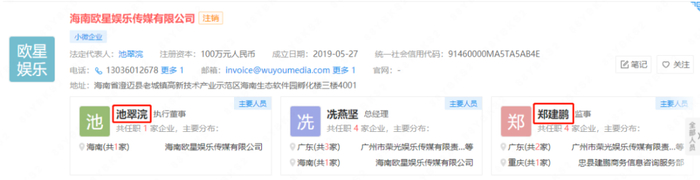 ▲海南欧星娱乐传媒有限公司高层，图片来自企查查。