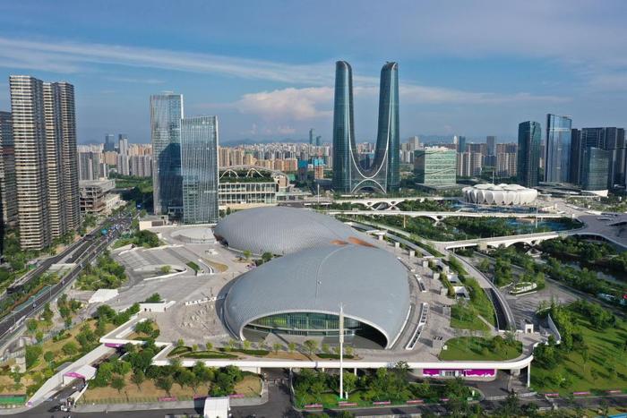 　　这是2023年6月28日拍摄的杭州奥体中心游泳馆、体育馆（无人机照片）。新华社记者 黄宗治 摄