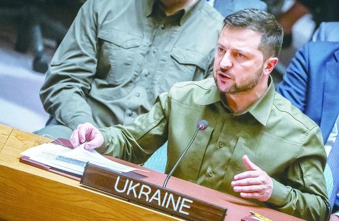 联合国安理会20日召开乌克兰问题高级别会议，乌总统泽连斯基在会上发言。（视觉中国）
