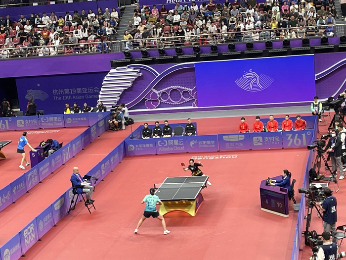 团体赛首秀，国乒女队速胜中国澳门队。  新京报记者 孙海光 摄