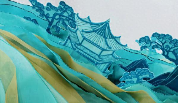“水天碧”长裙的工艺细节：3D打印工艺制作的亭台楼阁和树木纹样 受访者供图