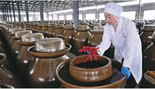 　　四川泡菜生产企业负责人在观察泡椒发酵质量。　资料图