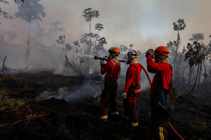 9月25日,消防员在巴西亚马孙州伊兰杜巴灭火.
