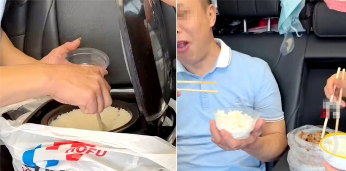 吴先生发布自己一家人在车上吃饭的视频。/视频截图