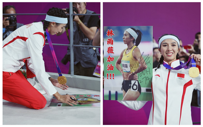 林雨薇在海报上签名，并写下“12秒74”的成绩。  新京报记者 薛珺 摄