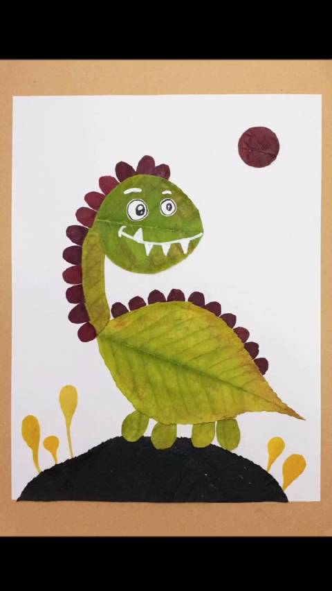 秋天一起捡落叶吧,带孩子做一只可爱的小恐龙树叶画_手机新浪网