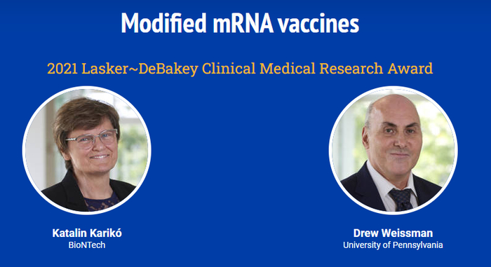 ▲这两名科学家也斩获了2021年的拉斯克临床医学研究奖，该奖项素有“诺奖风向标”之称（图片来源：拉斯克奖官网截图）