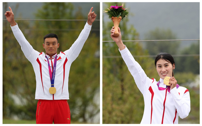 皮划艇激流回旋项目收官日,黄娟(右)和全鑫分别摘下一金.