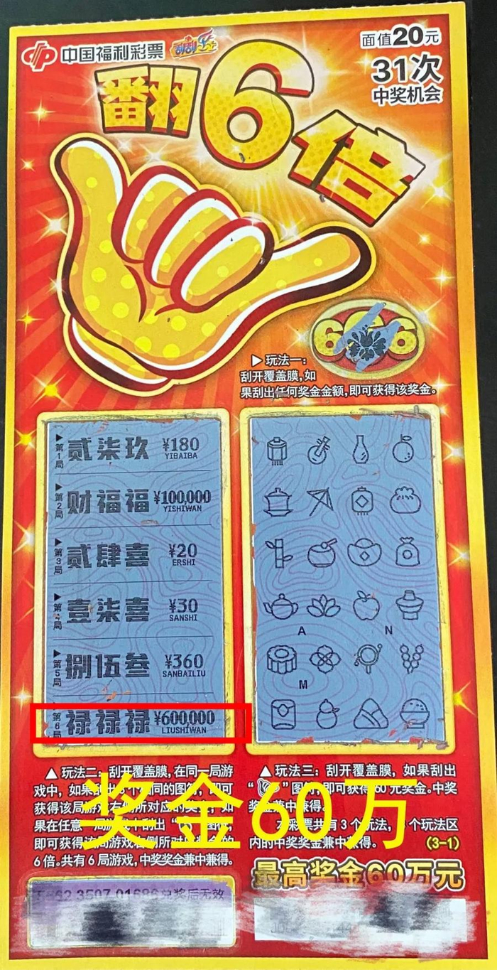 【刮刮乐】翻六倍!全家莱州游喜获幸运头奖60万元!