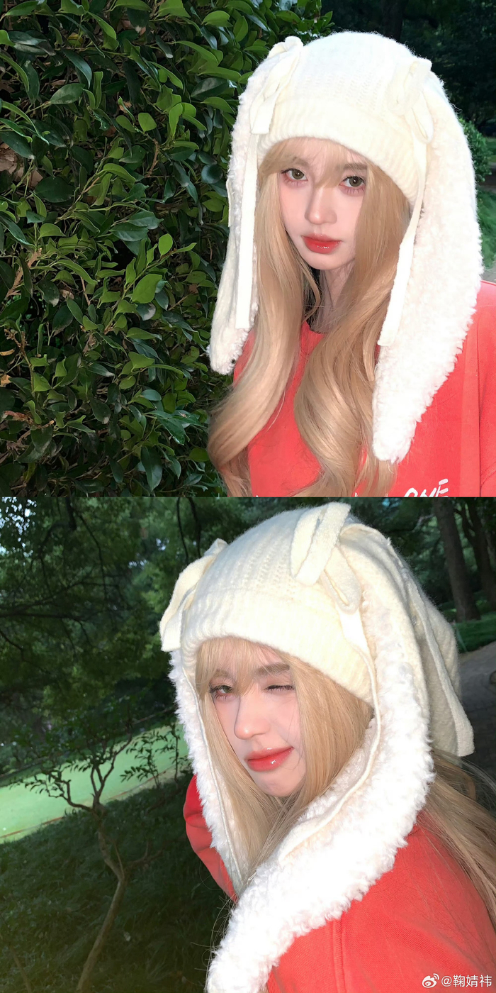鞠婧祎最新营业照 白色兔耳帽造型|鞠婧祎_新浪新闻