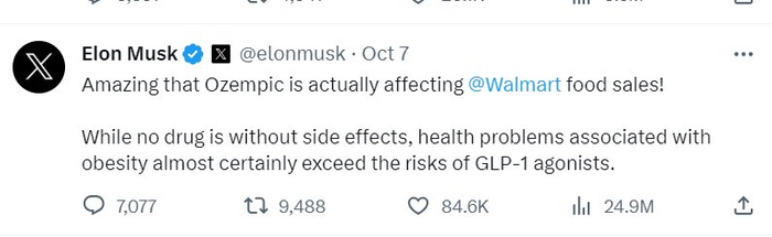 马斯克10月7日在社交平台评价GLP-1减肥药