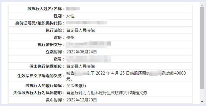杜某仙被普定县人民法院列为失信被执行人