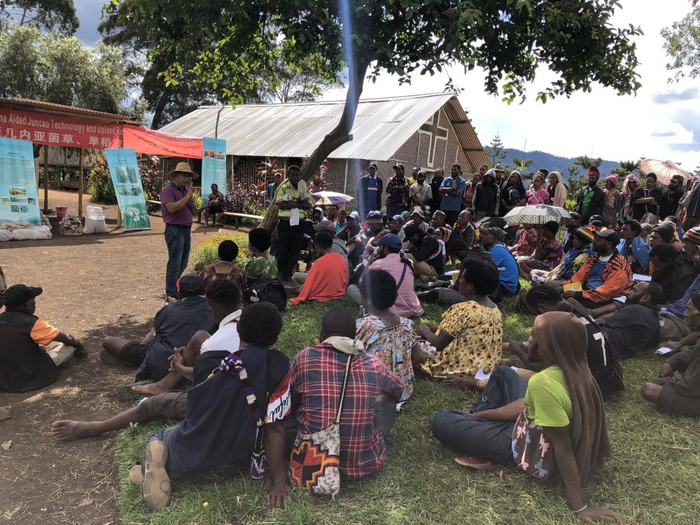 中国专家在巴布亚新几内亚东高地省中国援助巴新菌草和旱稻技术项目第9期培训班上授课（2020年12月15日摄）。新华社发