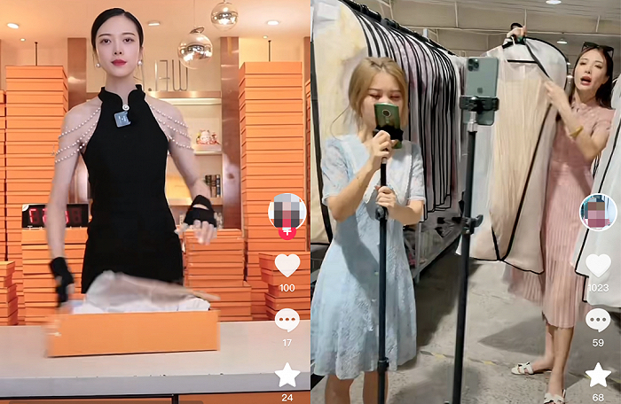 左图为郑香香现在的过品直播，右图为郑香香此前在仓库直播