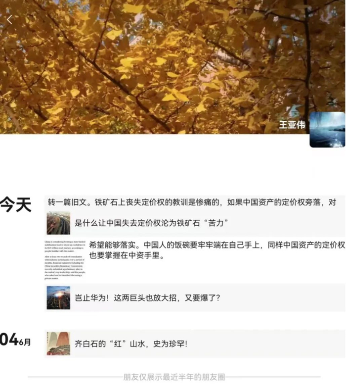 ▲王亚伟朋友圈截图，图片来自网络。