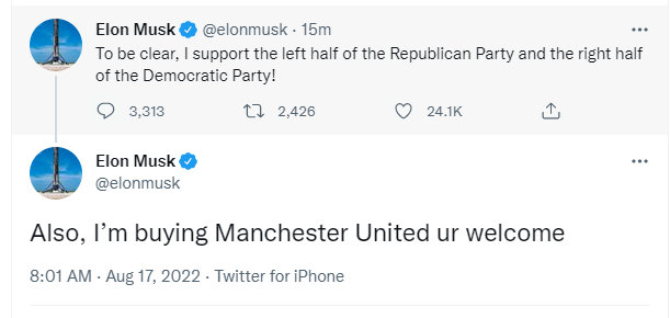 马斯克开玩笑说他要买曼联。