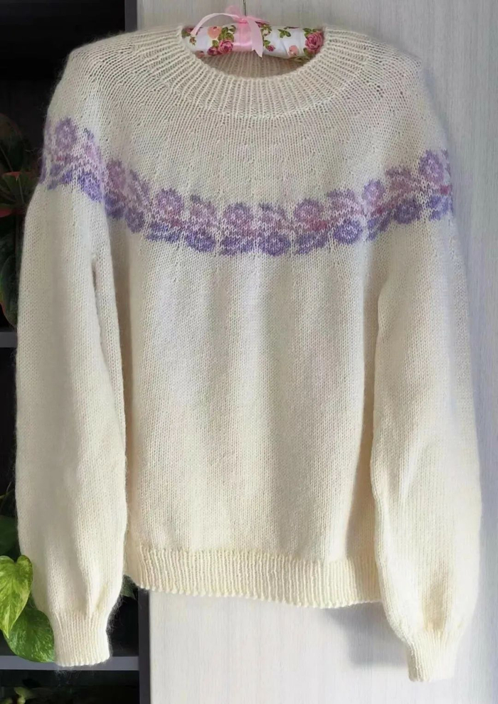 仿恋恋云汀的玫瑰藤,温柔慵懒风圆领女士提花毛衣(附图解)|记号|罗纹