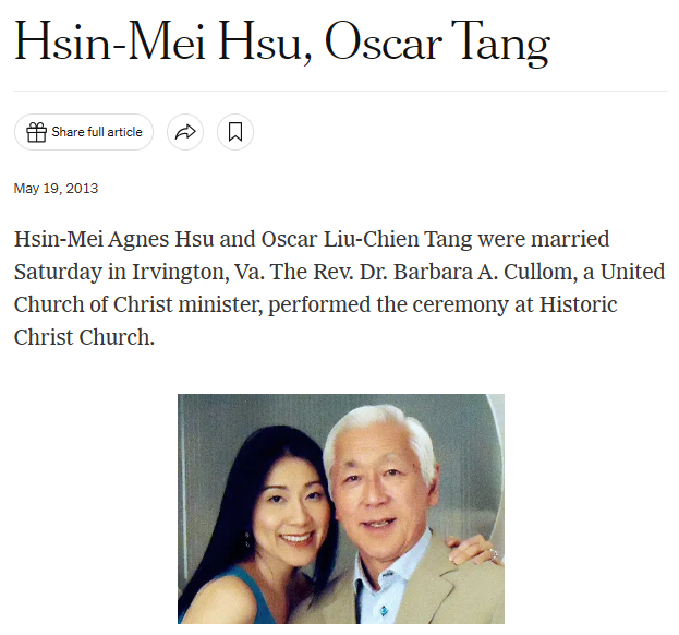 ▲2013年5月，74岁的唐骝千和41岁的徐心眉走入婚姻殿堂，婚讯同样登上了《纽约时报》