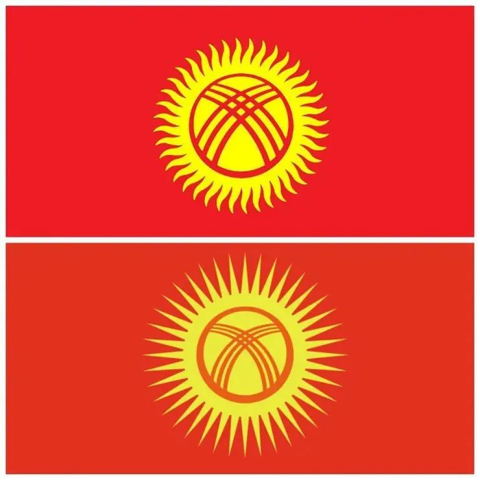 目前的吉尔吉斯共和国国旗上,中间围绕毡房图案的金色太阳光芒图案在