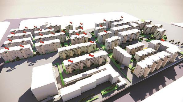             上南七村具备加梯条件的楼栋占多数（模型上插旗者）  受访者供图          