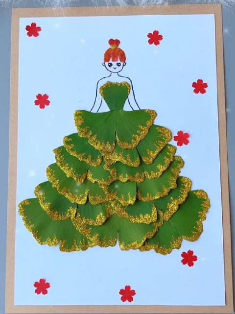 用银杏叶拼贴小公主树叶贴画简单又好看