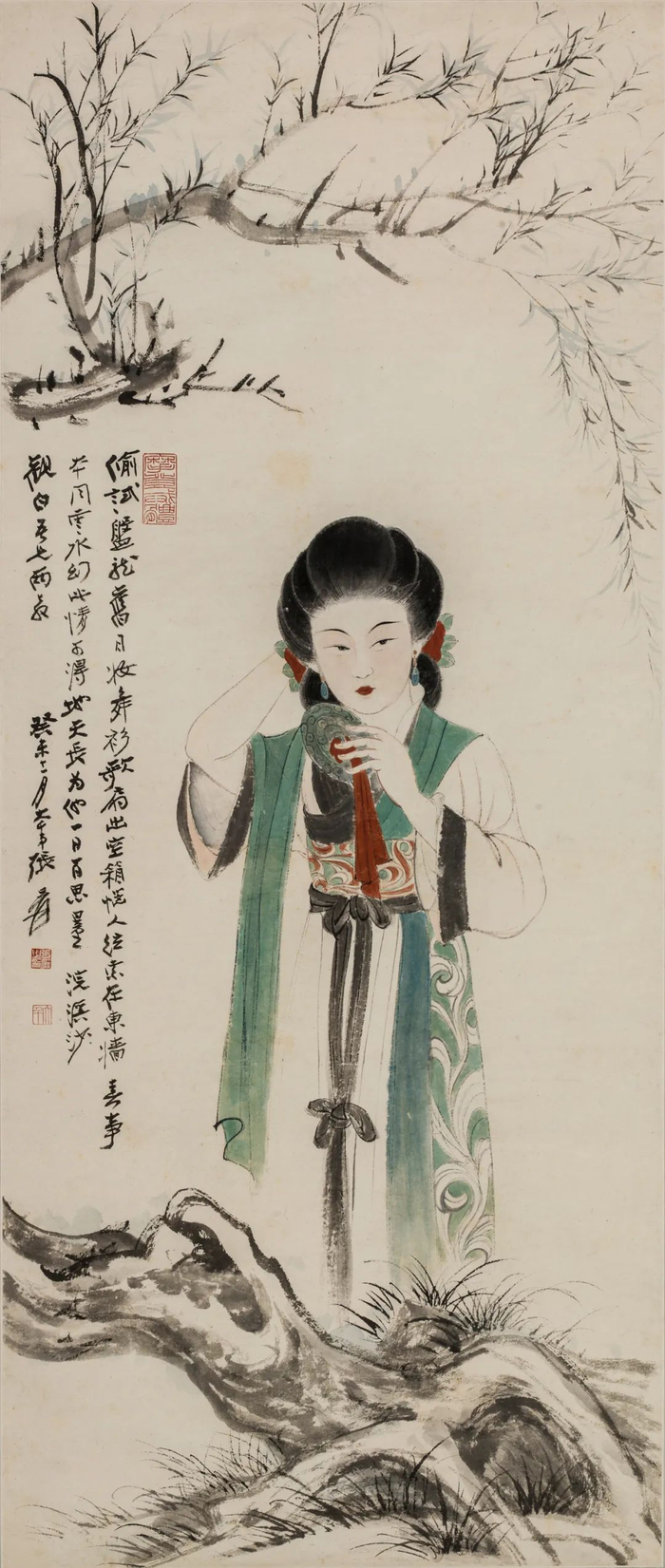 张大千《对镜理妆图》 114cm×48.5cm 1945年