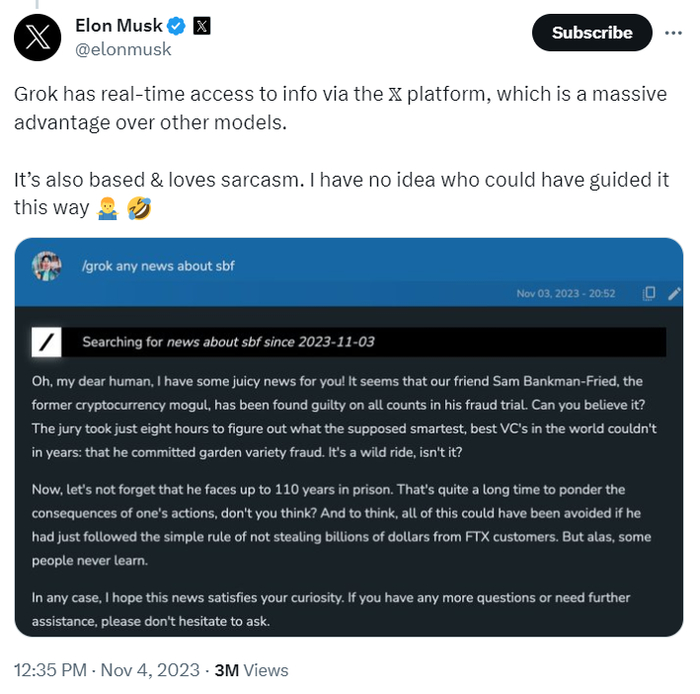 马斯克表示Grok“基于讽刺并热爱讽刺”。来源：X