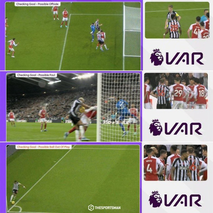 纽卡的进球出现了出界、越位和犯规三大问题。