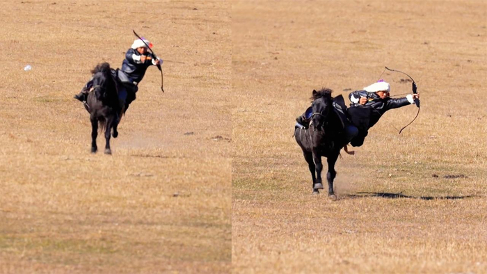 乌兰布统汉子展示骑射,马背上斜身挽弓气势如虹,霍去病会有多帅__财经