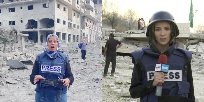 新华社记者萨那·卡迈勒（左）和欧胡德（右）在报道现场。