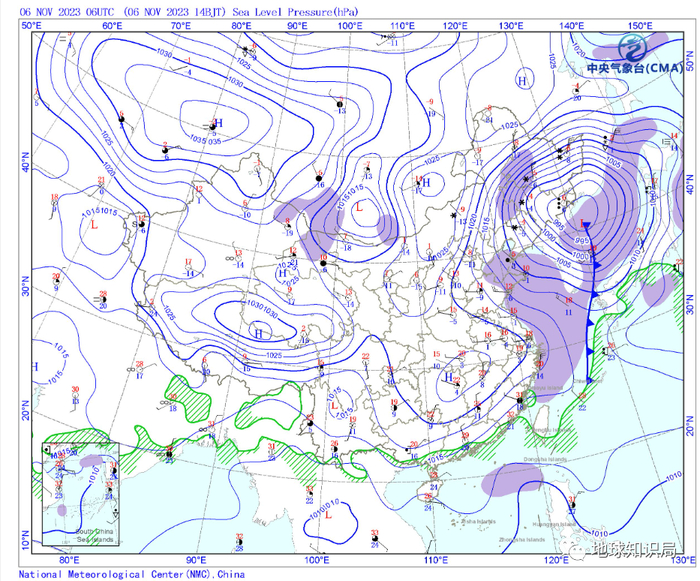 11月5日14时与6日14时全国地面天气图对比。紫色区域为持续风力超过6级的大风区