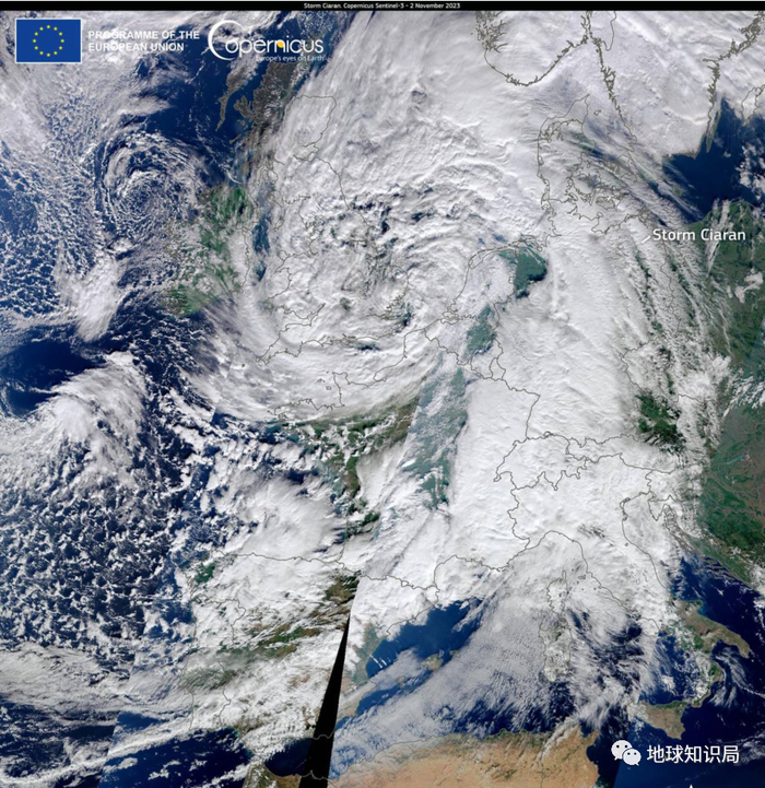 11月2日影响西欧地区的强烈气旋（图：哨兵3号卫星）