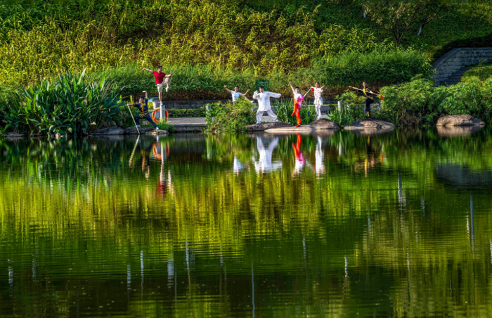 市民在公园晨练，享受绿色生活。 钟少勇 摄