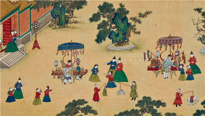 △在《明宪宗元宵行乐图》中，大量宫人穿着纯色马面裙。（明 宪宗元宵行乐图（局部） 国家博物馆藏）