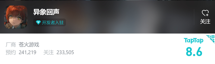 经历两轮测试，且受到一些场外负面因素影响，《异象回声》在Tap仍有8.6分评价，在当下挑剔的二游玩家间已是不错的成绩