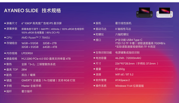 ayaneo slide 滑盖掌机正式发布:r7 7840u   6 英寸屏,4699 元起|霍尔