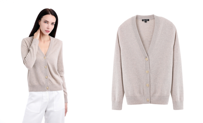 实物有点像燕麦色，小伙伴小桶上身当做外搭，觉得面料很厚实，很适合穿在大衣里面。范友福利价960元非常值得入手。