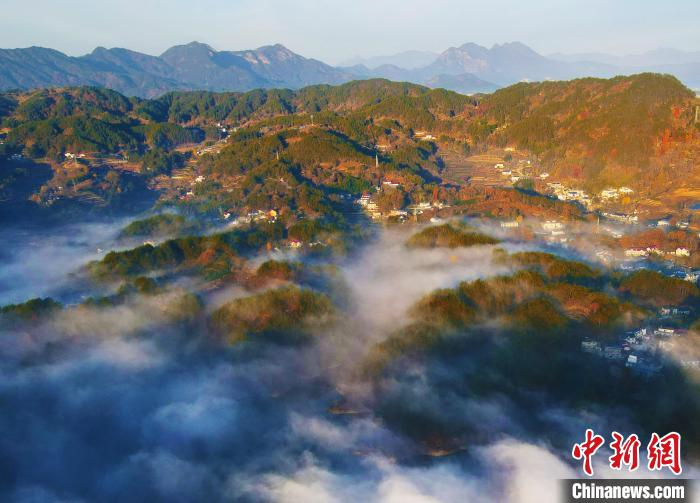 安徽省安庆市岳西县红叶进入最佳观赏期,各种植被如彩色染料泼洒在