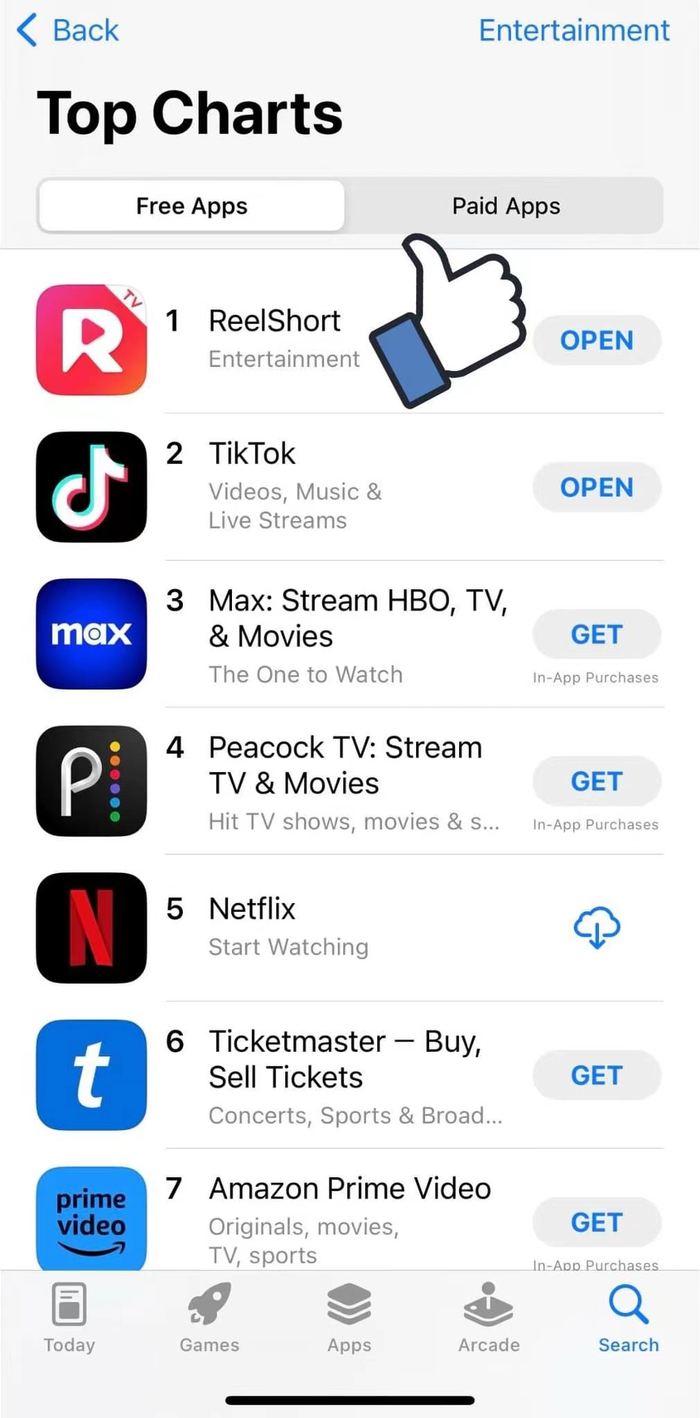 ReelShort的facebook主页庆祝其冲上美国 iOS 娱乐榜第 1 名