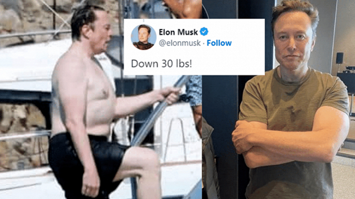 有网友把马斯克减肥前后的照片拼在一起