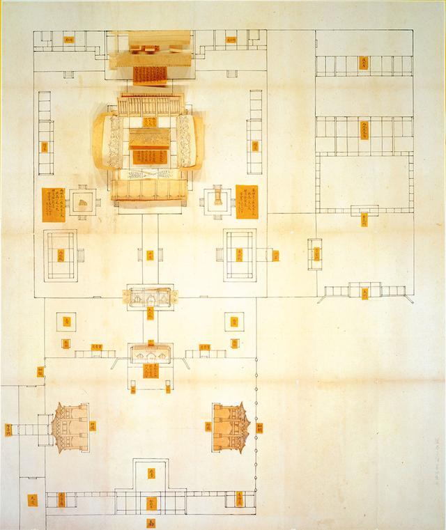 計有寺廟平面圖,內部營建立體圖(掩罩地盤圖),各殿建築與佛像規格尺寸