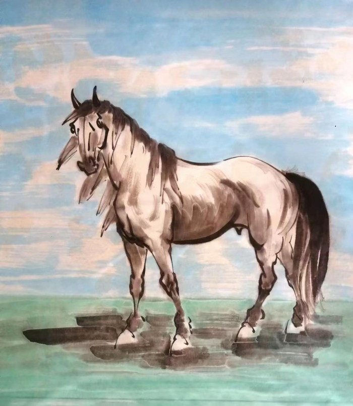 他的画马技艺可谓是"借西润中",是中西绘画技法的