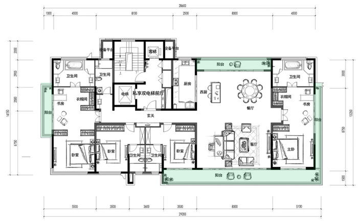 这是某项目的365平户型,采用四套房设计,每个房间都具有舒适的尺度.