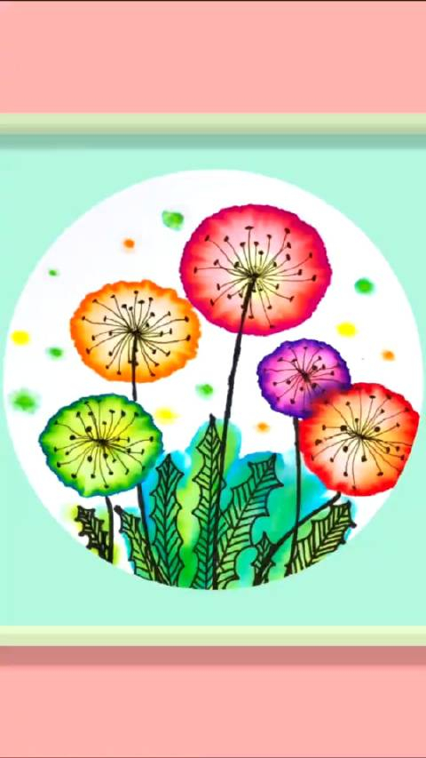 水彩笔宣纸晕染画蒲公英色彩和线描的组合38岁创意儿童画