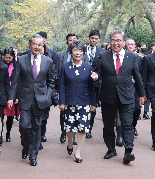 中共中央政事局委员、应酬部长王毅同韩国际长朴振、日本皮毛上川阳子共同出席第十次中日韩外长会。图源:应酬部网站