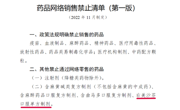 右美沙芬被禁止通过网络零售