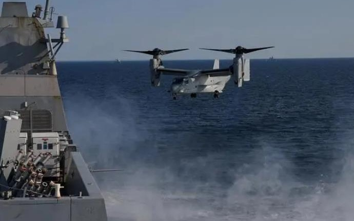 ▲2023年9月18日在波罗的海拍摄的美国“鱼鹰”运输机（资料照片）。图/新华社