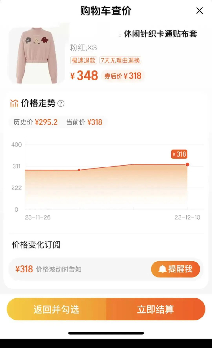 图/栀子加购的商品在双12期间涨价