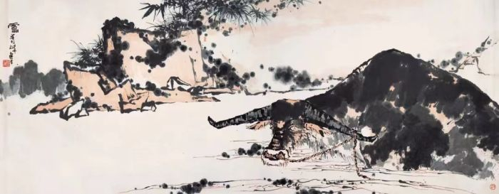 潘天寿 夏塘水牛图 纸本设色 142.7x367cm 20世纪60年代 潘天寿纪念馆藏
