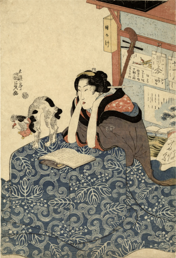 歌川国贞《看书的美人和伸懒腰的猫》